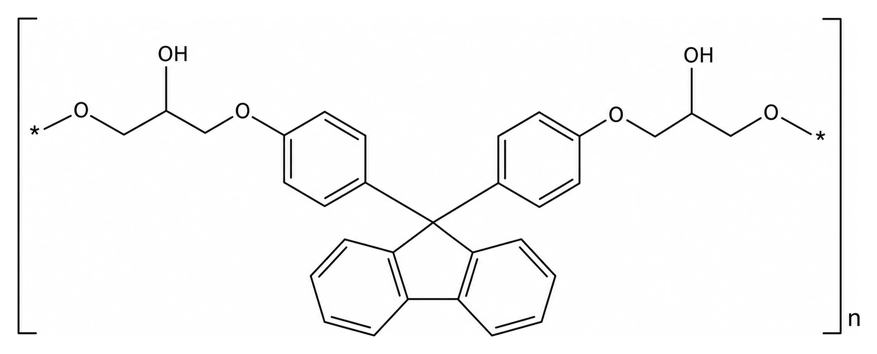 芴基雙酚型苯氧樹脂代表性重複單元結構式，中央為芴基卡多剛性稠環骨架